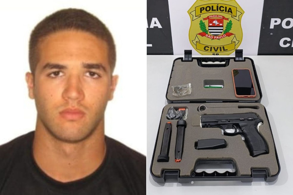 O policial militar Gabriel Vernizzi de Araújo, de 27 anos, foi preso em Mongaguá — Foto: Reprodução e Polícia Civil