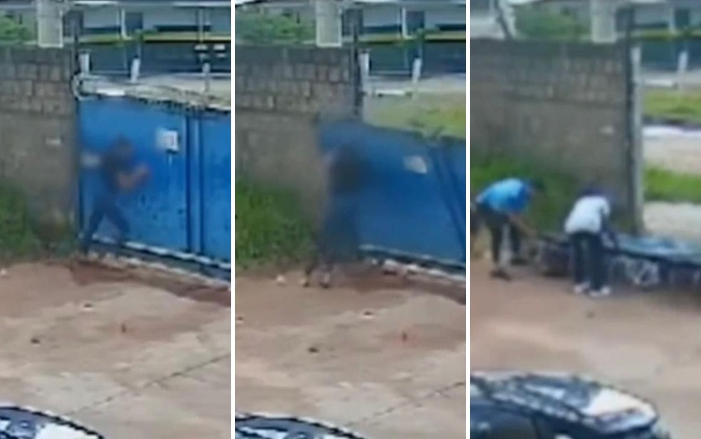 Vídeo mostra quando portão cai em cima de funcionária de escola em Goiás — Foto: Reprodução/TV Anhanguera