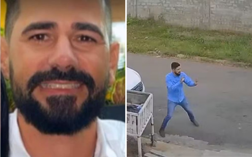 Bruno Bailão Lobo, empresário que morreu a tiros ao sair de casa para receber encomenda, em Goiânia — Foto: Arquivo pessoal e Reprodução/Câmeras de segurança