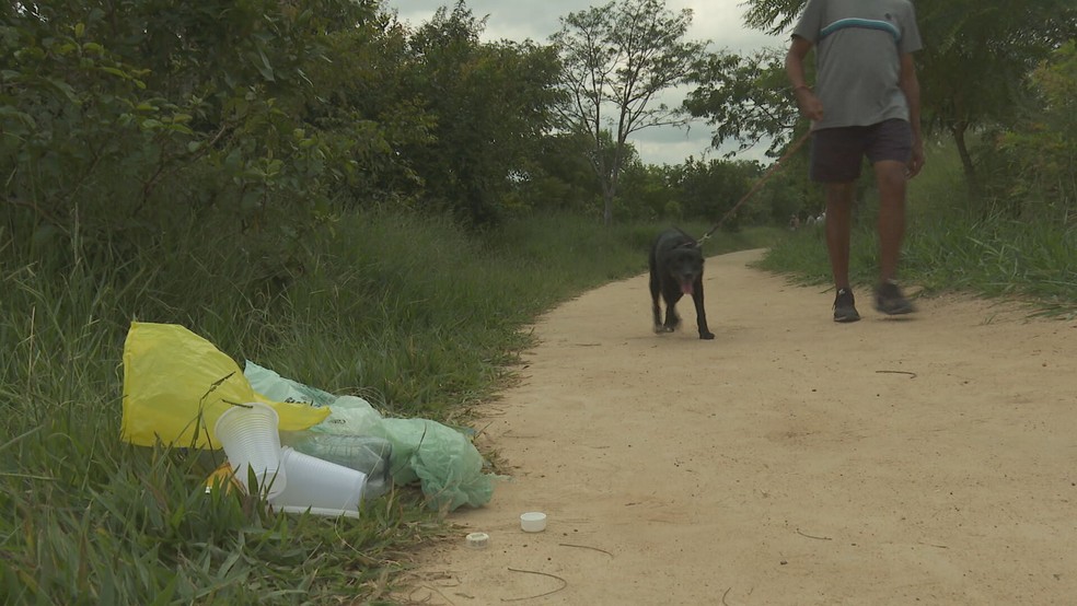 Lixo em trilha do Parque dos Búfalos, na Zona Sul de São Paulo. — Foto: Reprodução/TV Globo