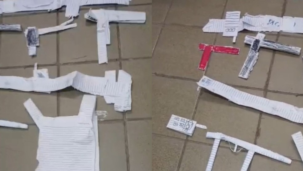 Armas de papel foram feitas em atividade para "usar a criatividade" em escola no Ceará. — Foto: Reprodução