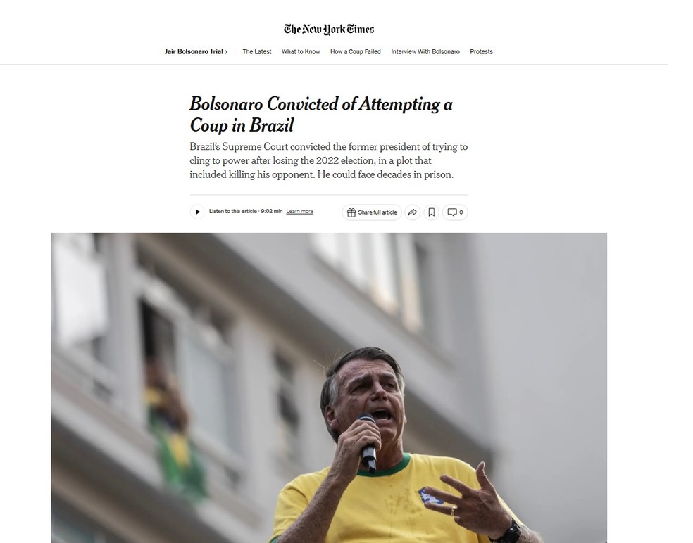 The New York Times repercute a formação de maioria no STF para condenação de Bolsonaro. — Foto: Reprodução/ The New York Times