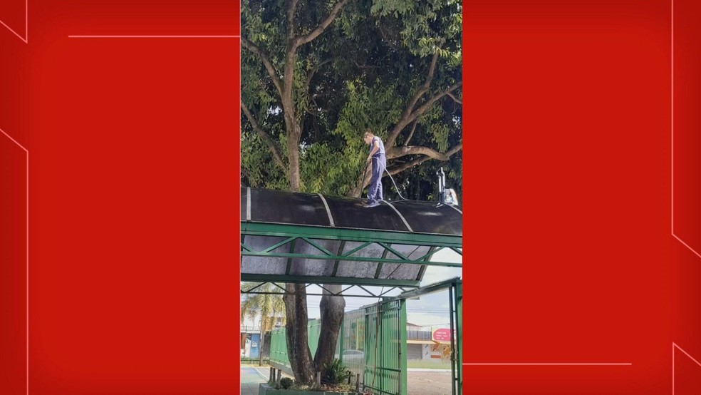 Sandra estava em cima do toldo sem equipamentos de proteção. — Foto: Reprodução/TV Globo
