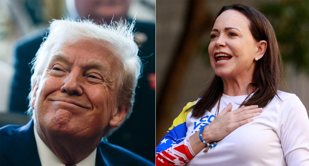 Donald Trump e Mar&iacute;a Corina Machado &mdash; Foto: REUTERS/Evelyn Hockstein / Leonardo Fernandez Viloria
