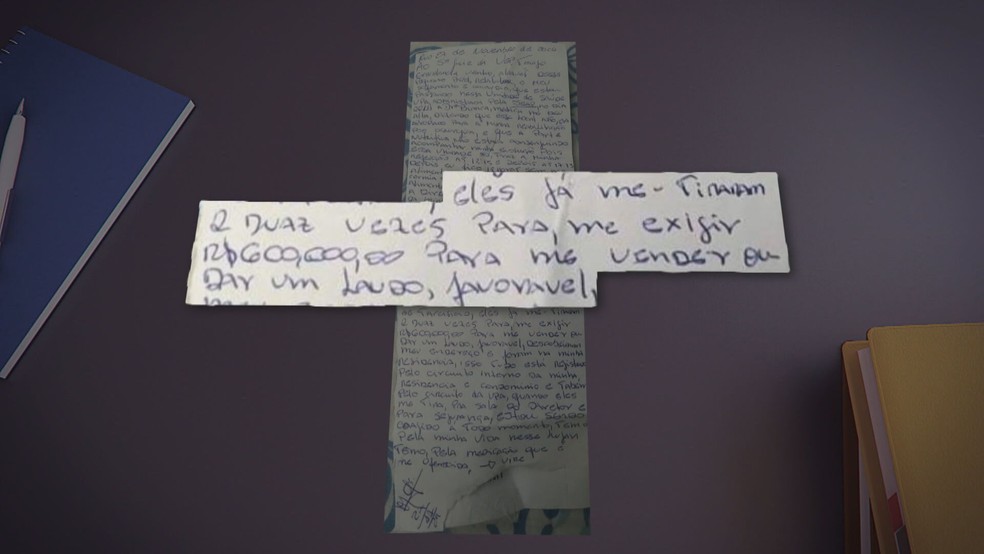 Em carta, preso relata tentativa de extorsão de R$ 600 mil — Foto: Reprodução/TV Globo