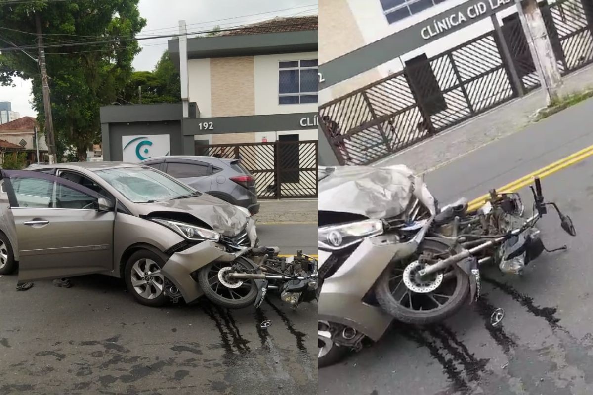 Motociclista fica ferido após colisão com carro em cruzamento de Santos, SP