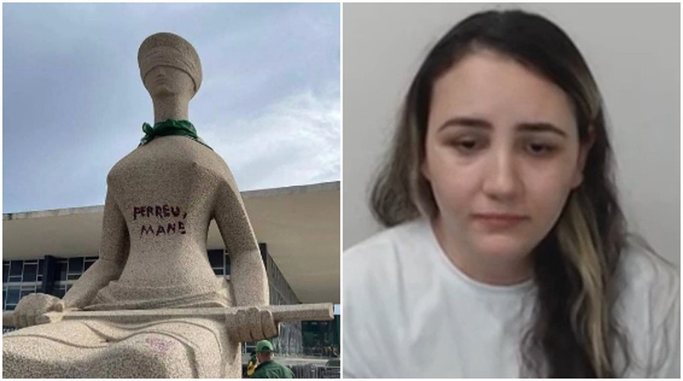 Pichadora de estátua diz que não sabia do valor simbólico e pede perdão — Foto: Reprodução/Twitter; divulgação