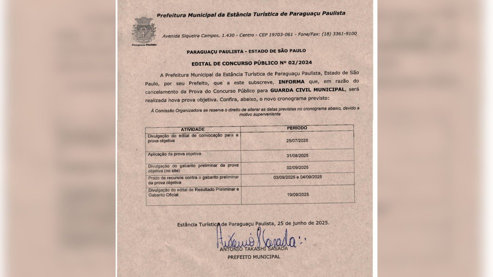 Concurso da Guarda Municipal de Paraguaçu Paulista é remarcado para 31 de agosto — Foto: Prefeitura de Paraguaçu Paulista/Divulgação