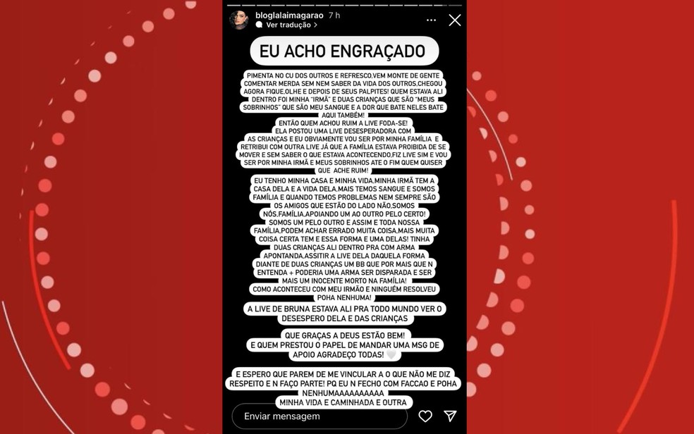 Lalai Magarão também falou sobre o assunto — Foto: Reprodução/Redes Sociais