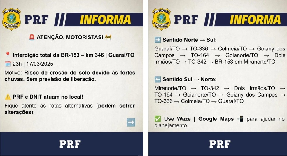 Rotas alternativas foram divulgadas pela PRF — Foto: Reprodução/Redes Sociais