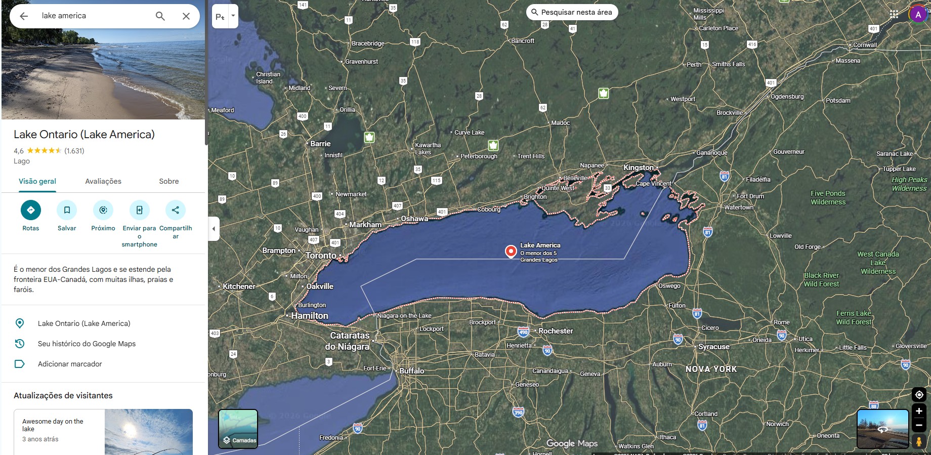 Google Maps muda nome do Lago Ontário para 'Lago América' nos EUA após ordem executiva de Trump