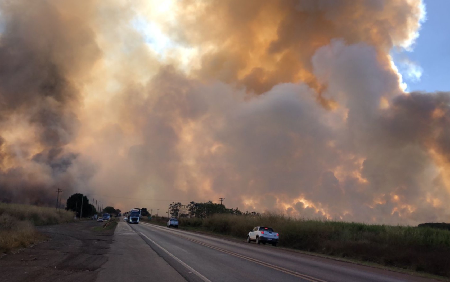 Incêndio em canavial interdita trecho de rodovia em Luís Antônio, SP