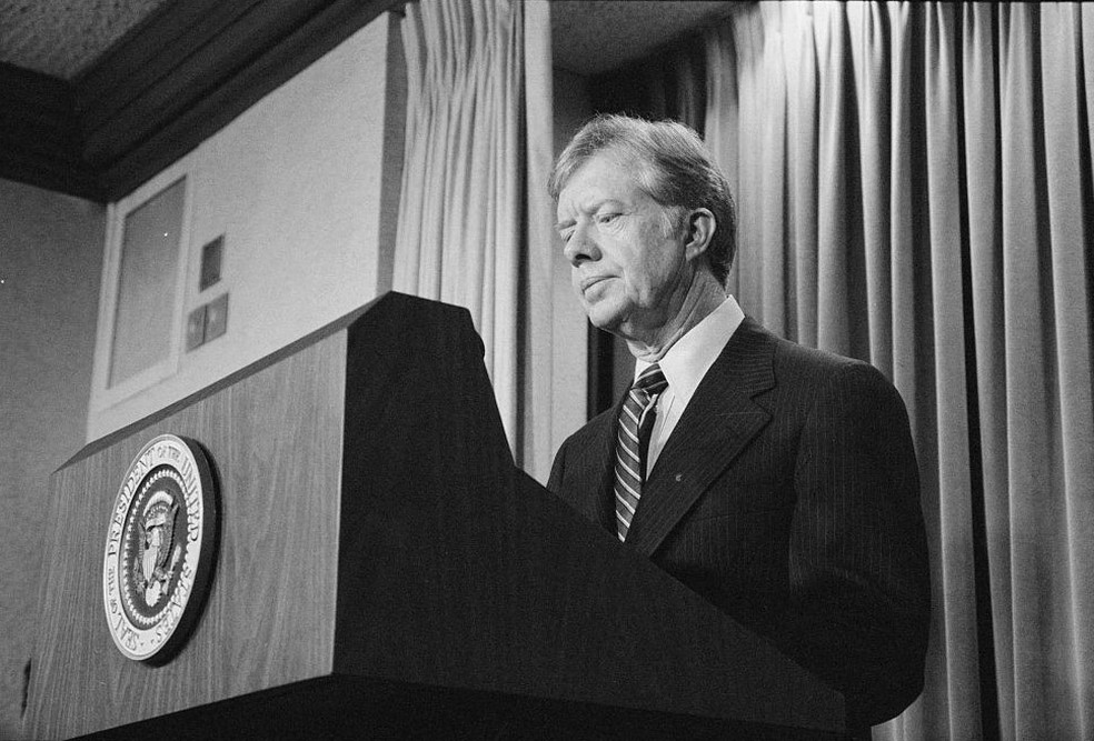 Jimmy Carter durante anúncio de sanções ao Irã, em 1980 — Foto: Marion S. Trikosko/Biblioteca do Congresso dos EUA/Via Reuters