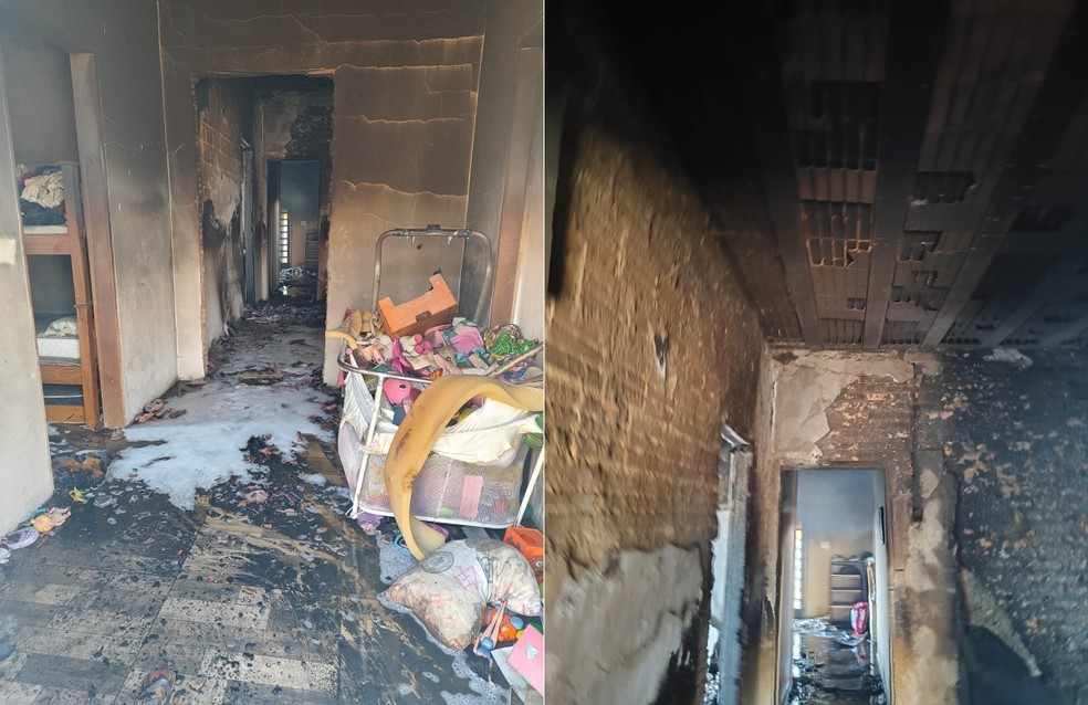 Incêndio atingiu a parte interna da casa, destruindo móveis, roupas e outros objetos do imóvel em Botucatu — Foto: Defesa Civil/Divulgação