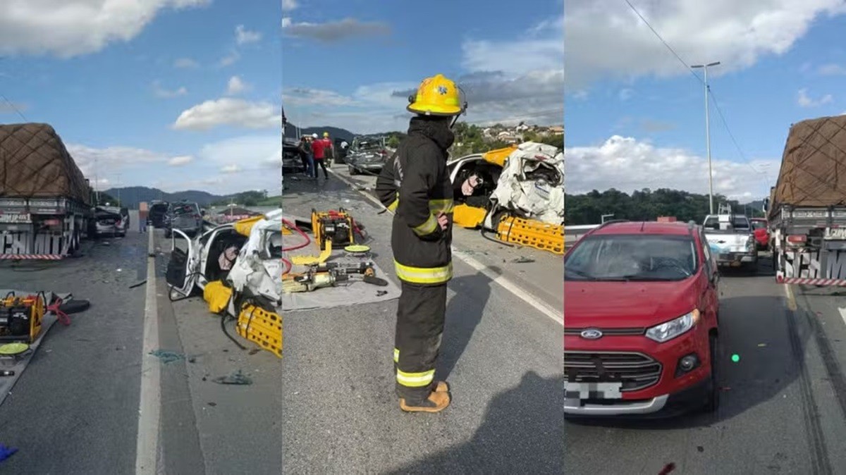 Supercolisão entre 8 veículos deixa vítimas presas às ferragens na BR-470, em SC