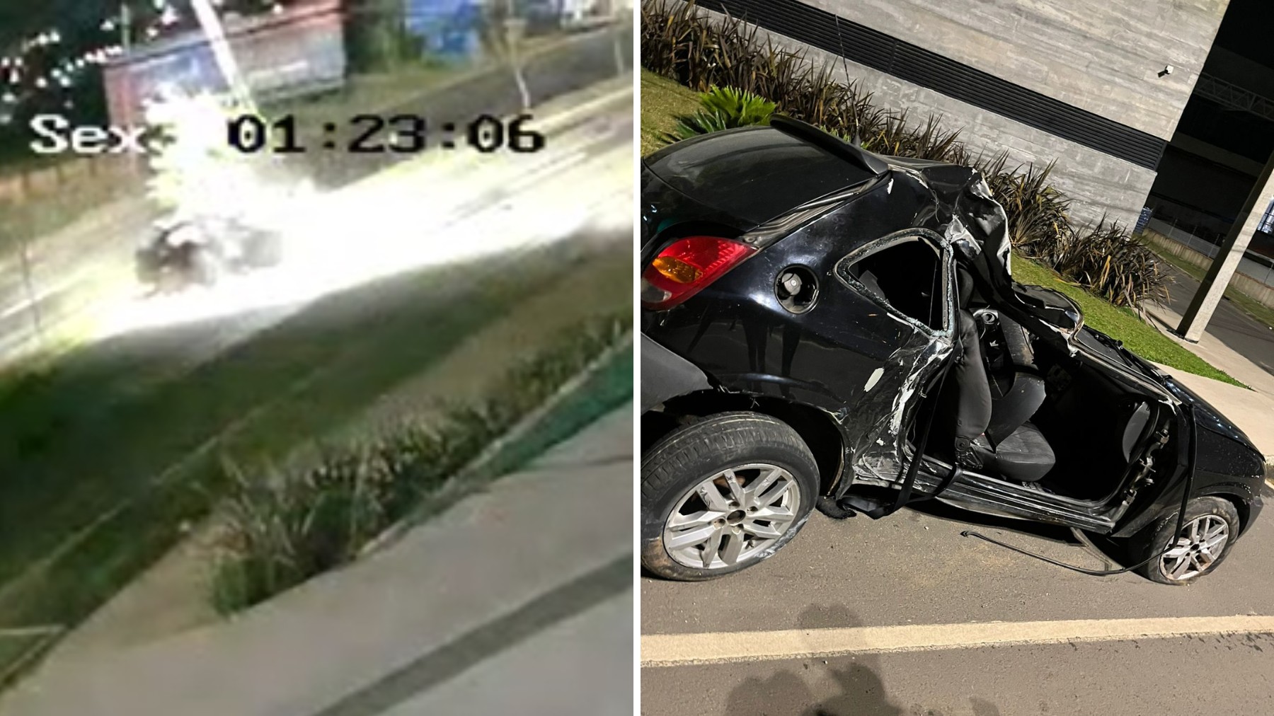 VÍDEO: poste cai em cima de carro após ser atingido por motorista embriagado, no Paraná; veículo ficou destruído e teve porta arrancada 