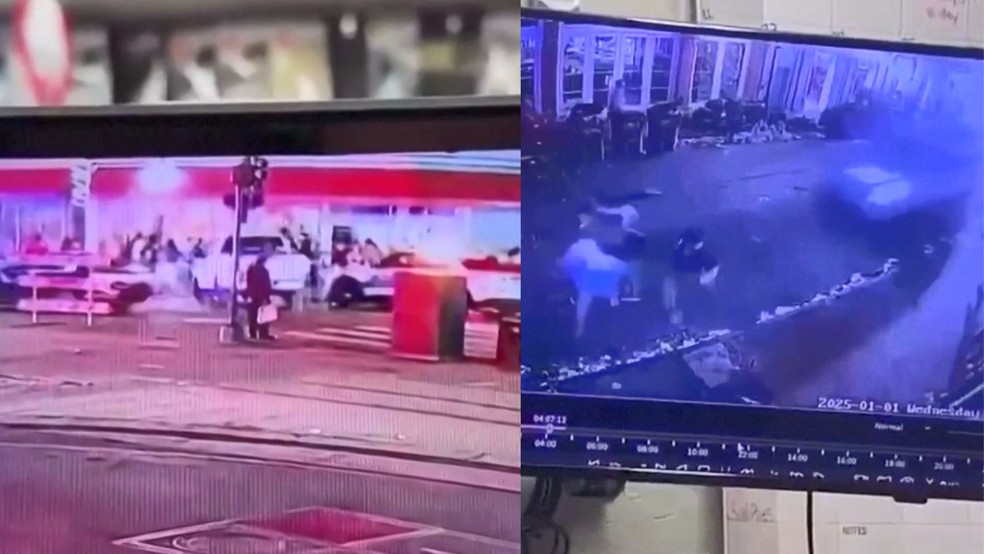 Câmeras de segurança flagram momento que autor de ataque fura bloqueio policial e atropela multidão em Nova Orleans em 1º de janeiro de 2025. — Foto: Redes sociais via Reuters