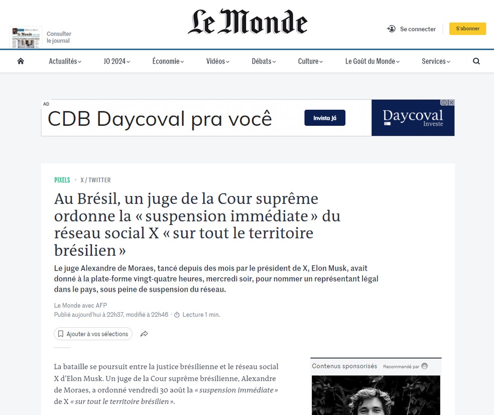 Reportagem do jornal Le Monde, da França, sobre a ordem do bloqueio da rede social X no Brasil pelo ministro do STF Alexandre de Moraes em 30 de agosto de 2024. — Foto: Reprodução/Le Monde