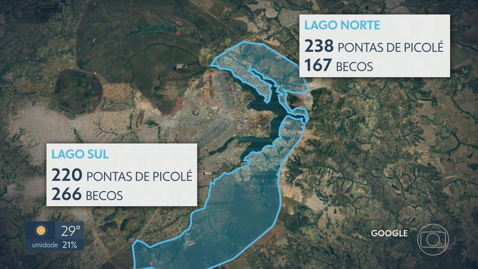 Mapa mostra áreas do Lago Sul e do Lago Norte — Foto: TV Globo/Reprodução