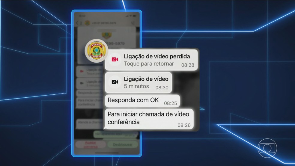 Criminosos se passam por policiais federais para aplicar golpes em aplicativos de mensagem — Foto: Reprodução/TV Globo