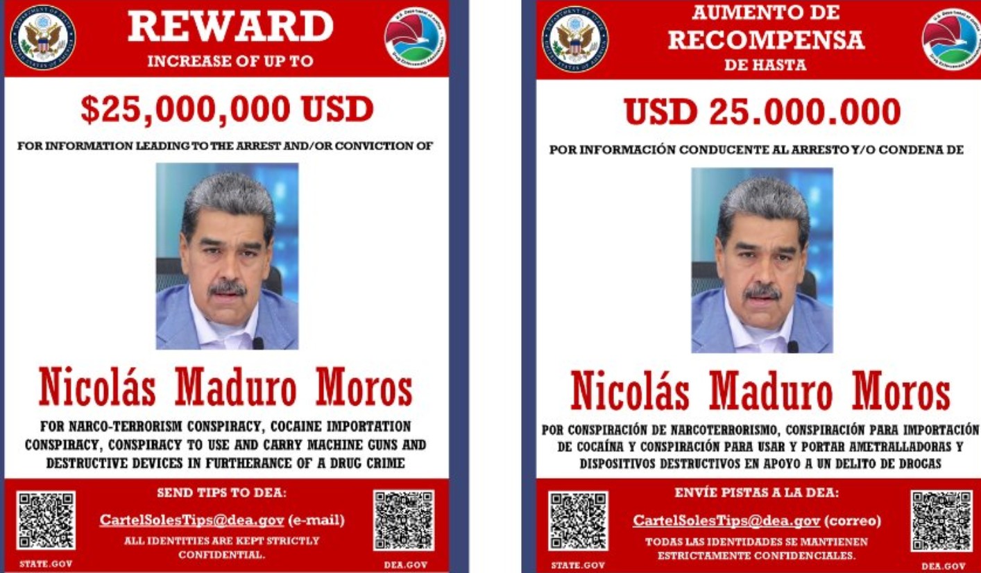 EUA divulgam recompensa de US$ 25 milhões por informações que levem à prisão ou condenação de Maduro