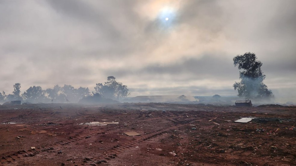 Incêndio atingiu depósito de galhos e restos de podas de árvores em Regente Feijó (SP) — Foto: Defesa Civil/Divulgação