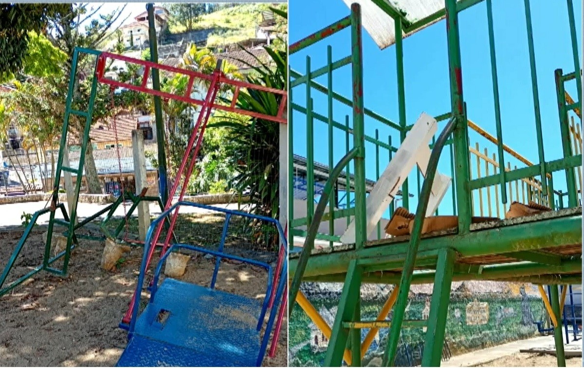 Parquinhos de Nova Friburgo têm brinquedos quebrados e oferecem risco a crianças