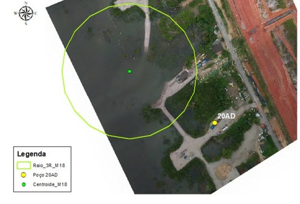 Imagem mostra poço 20AD, fora da água, que será utilizado para introduzir a sonda nas minas que estão sob a lagoa — Foto: Reprodução