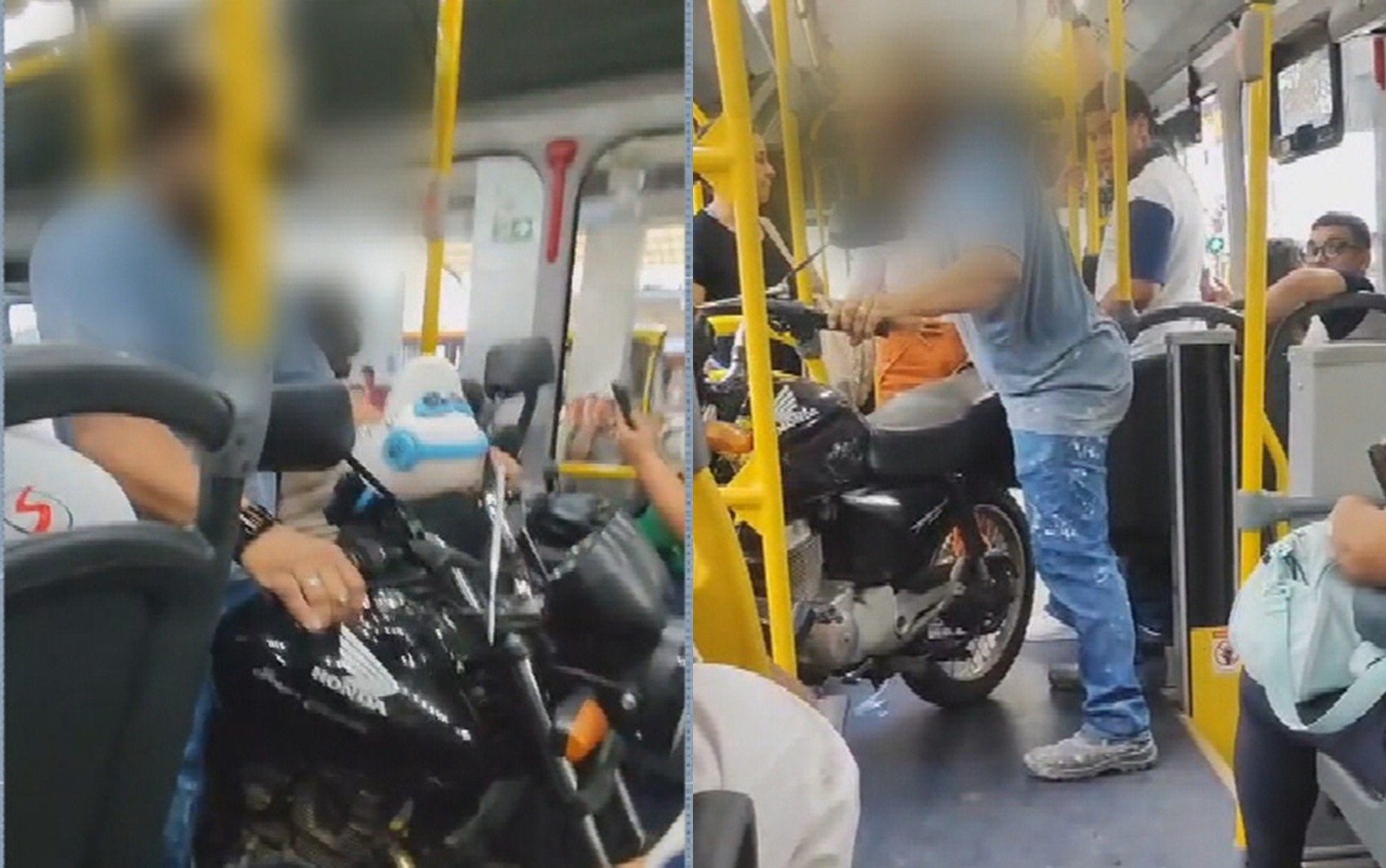 Passageiro carrega moto dentro de ônibus, em Goiânia; vídeo