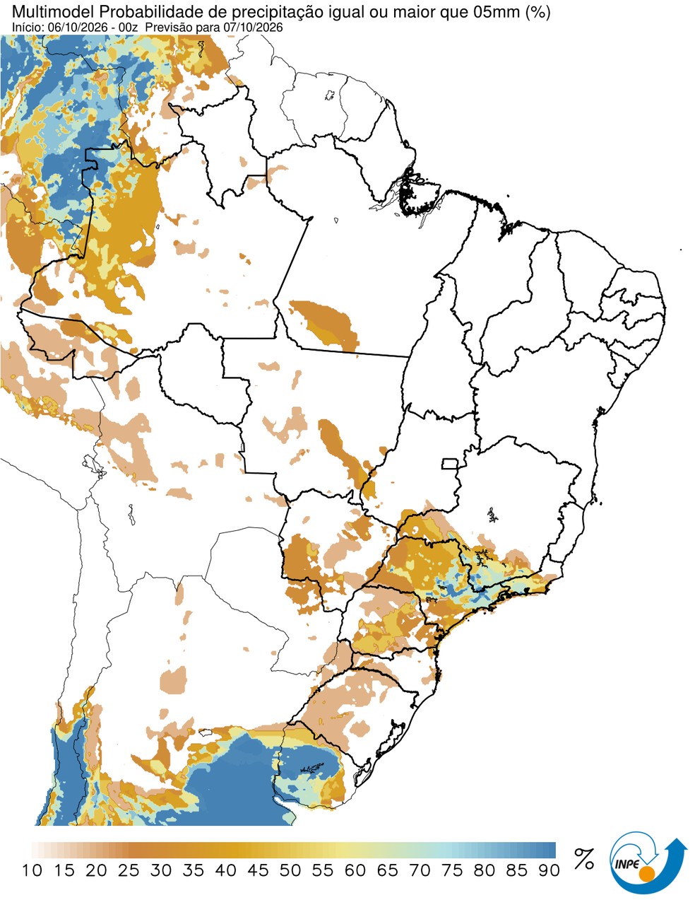 Mapa mostra previsão de chuva para esta quarta (07/10) em todo o Brasil. — Foto: CPTEC/Inpe
