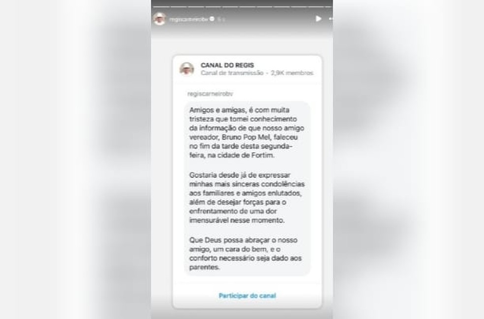 O prefeito reeleito do município de Boa Viagem confirmou a morte do vereador. — Foto: Reprodução/Instagram