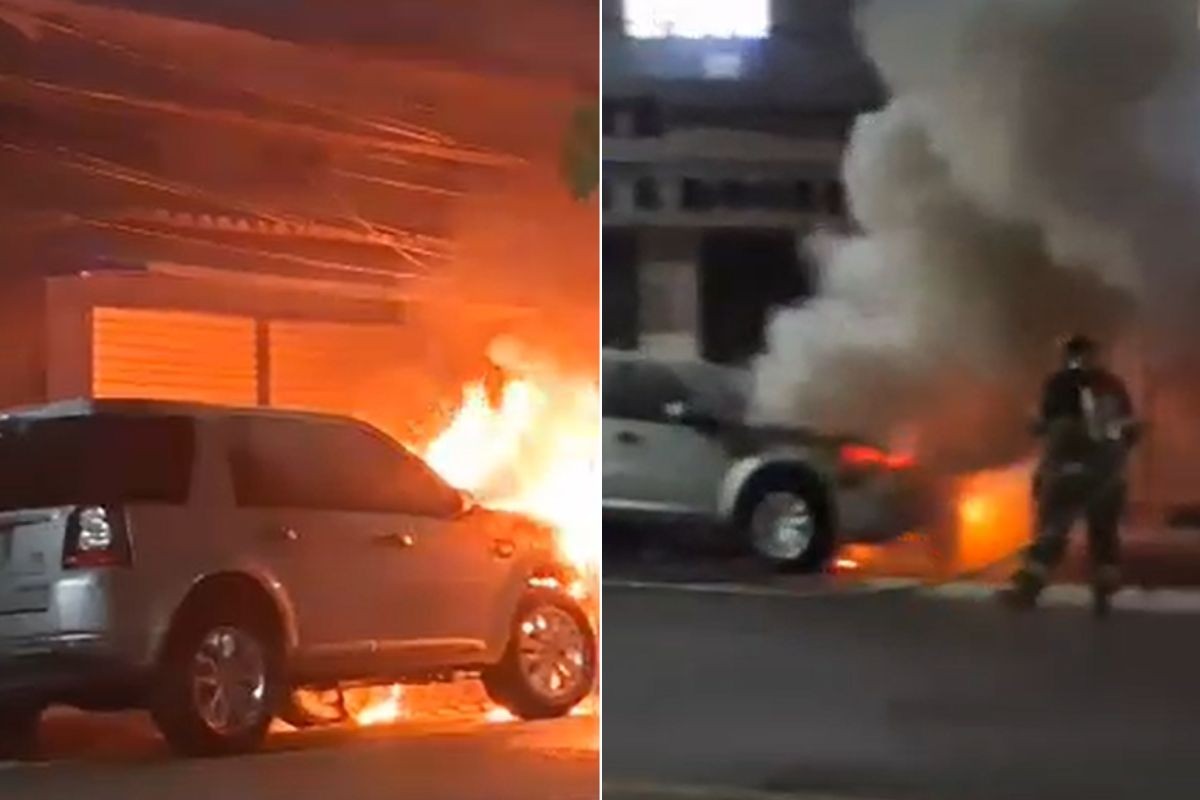 Carro pega fogo e mobiliza bombeiros em Santos; VÍDEO