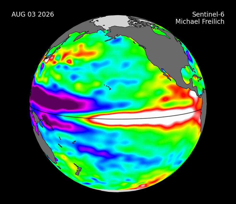 Imagem de 3 de agosto de 2026, feita com dados do sat�lite Sentinel-6 Michael Freilich, mostra mudan�as no n�vel do Oceano Pac�fico associadas ao El Ni�o. � Foto: Sentinel-6 Michael Freilich/NASA/NOAA