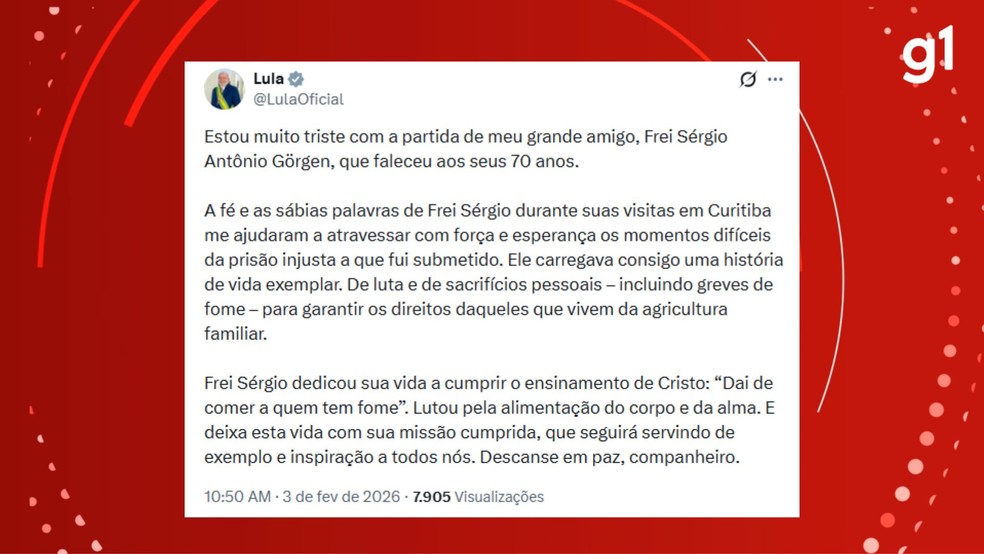 Lula lamenta morte do Frei Sérgio Antônio Görgen — Foto: Reprodução/Redes sociais