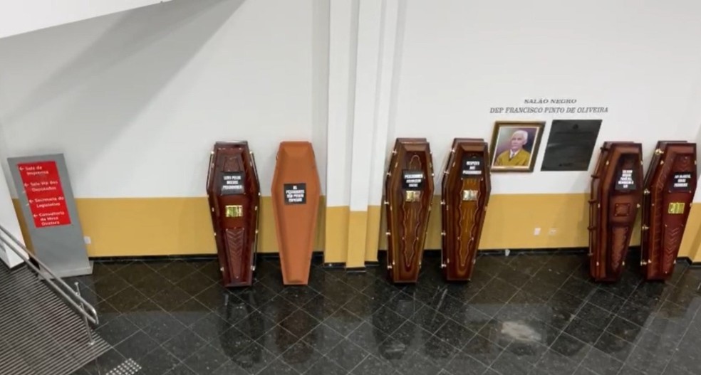 Protesto foi realizado durante audiência, na ALMT — Foto: Reproduçaõ