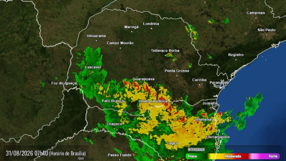 Radar do Simepar na segunda-feira 7h40 — Foto: Simepar