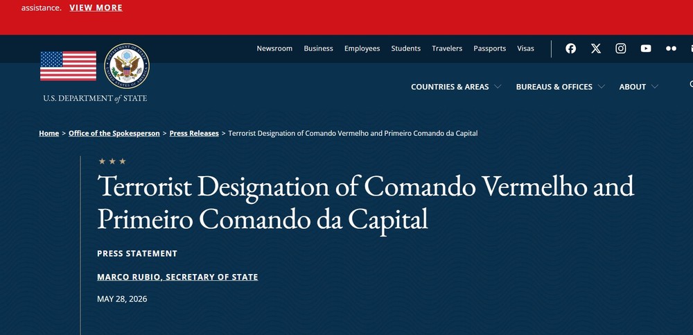 Estados Unidos classificam as facções Comando Vermelho e PCC como organizações terroristas a partir de sexta-feira