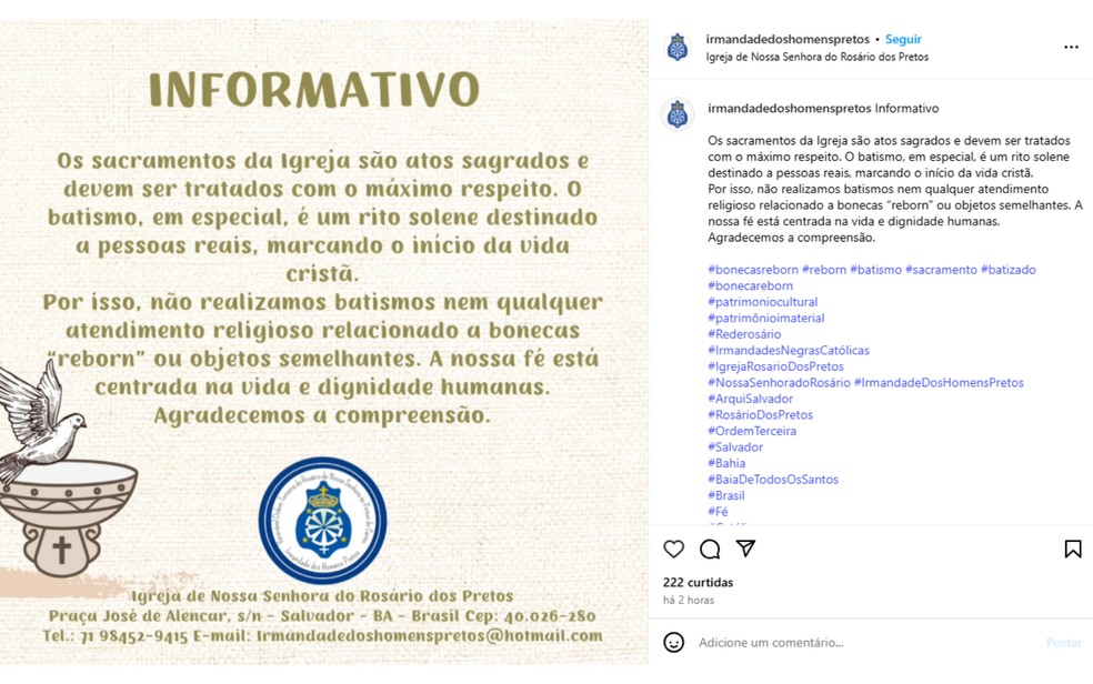 Comunicado Igreja Nossa Senhora do Rosário dos Pretos — Foto: Redes sociais