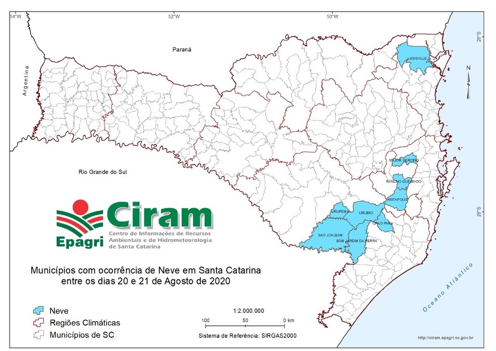 Cidades de SC com registro de neve em três regiões — Foto: Epagri/Ciram/Divulgação