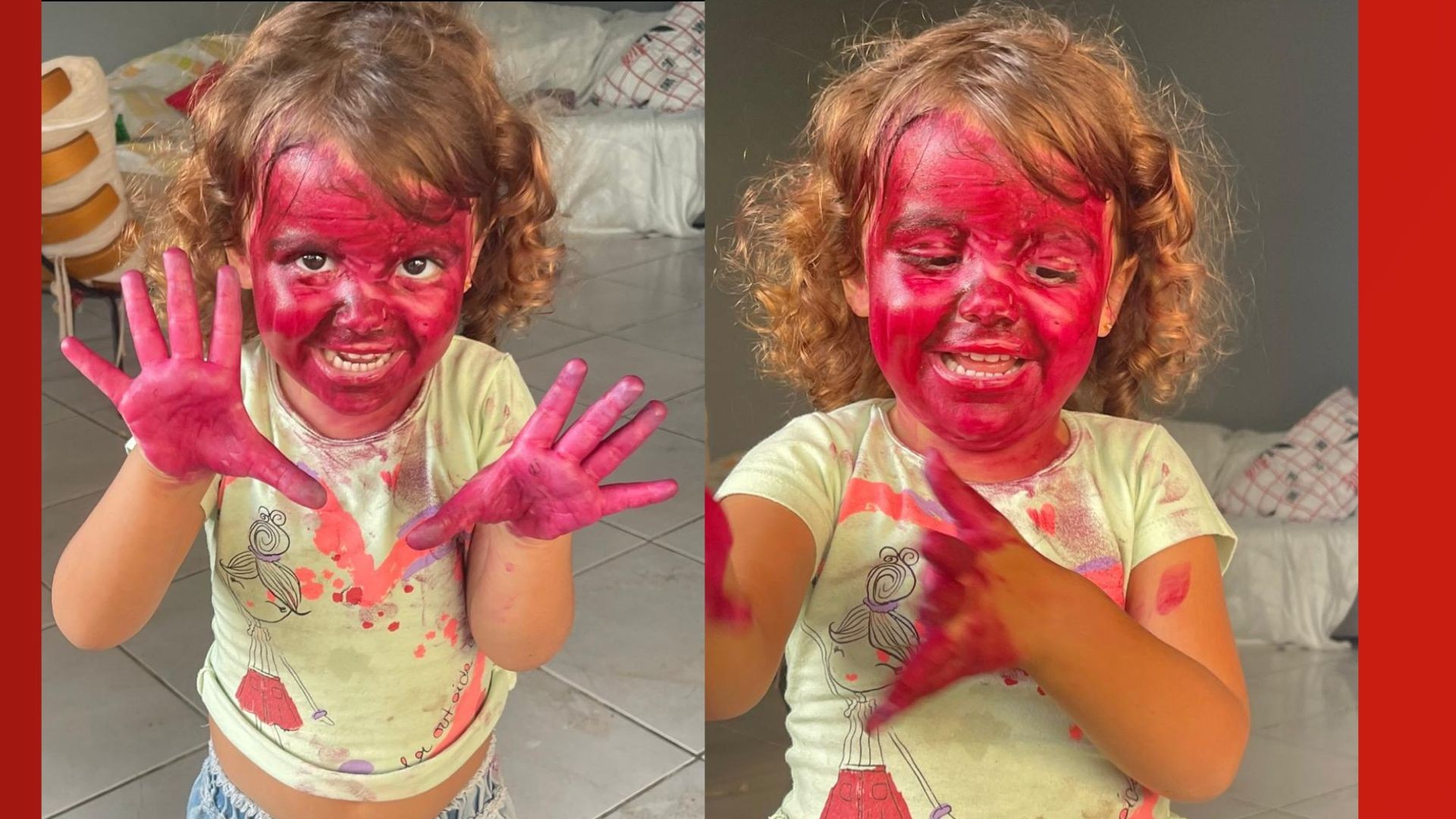 Menina de 3 anos suja o rosto inteiro com batom da mãe e viraliza na internet: 'Mais de 10h para tirar tudo'