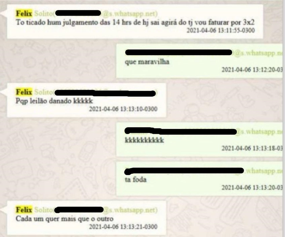 Prints de conversas sobre venda de sentenças no TJMS — Foto: Reprodução