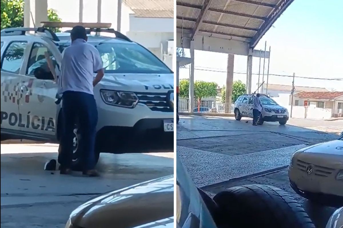 VÍDEO: homem é flagrado destruindo viatura da PM com pedaço de madeira no interior de SP