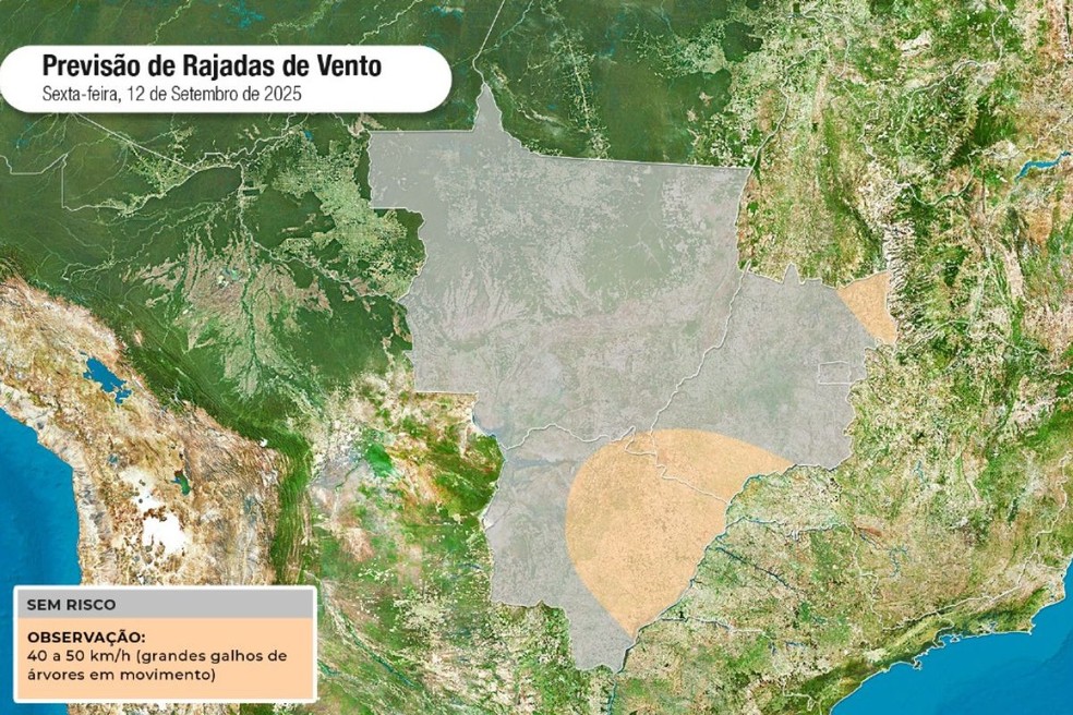 Mapa de rajada de ventos para esta sexta-feira (12), conforme a Climatempo — Foto: Climatempo/Reprodução