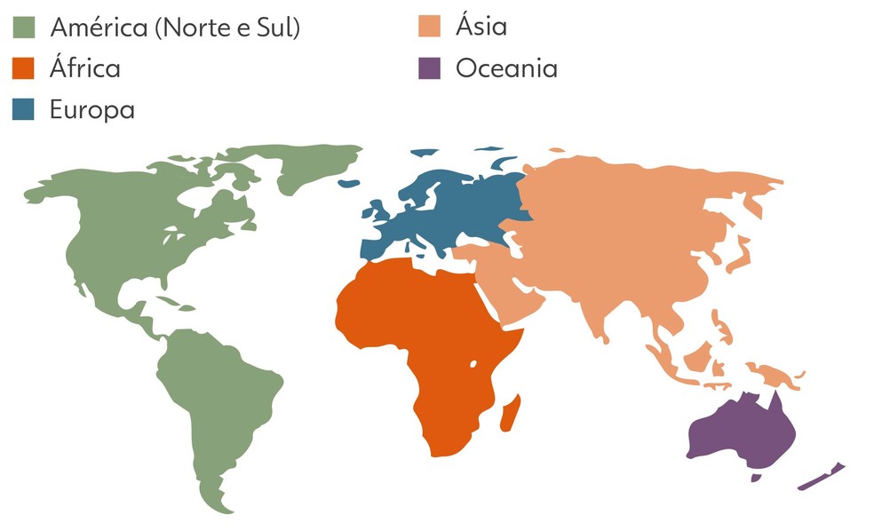 Mapa-Múndi com 5 continentes (versão Comitê Olímpico Internacional). — Foto: Arte: Kayan Albertin/Juan Silva/g1