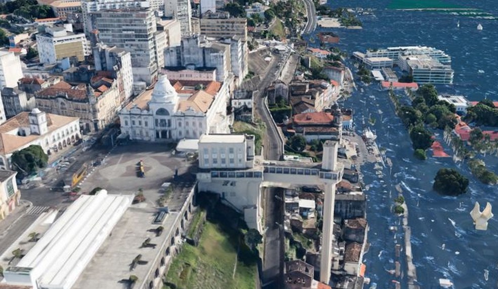 Simulação do que pode acontecer com Salvador no futuro, com o Mercado Modelo e outros prédios totalmente tomado pelas águas — Foto: Climate Central/via BBC