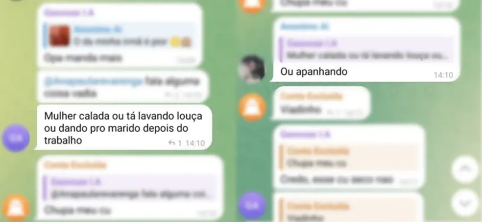 Conversa em um dos grupos do Telegram de pornô deepfake em que predomina discurso de ódio contra mulheres — Foto: REPRODUÇÃO