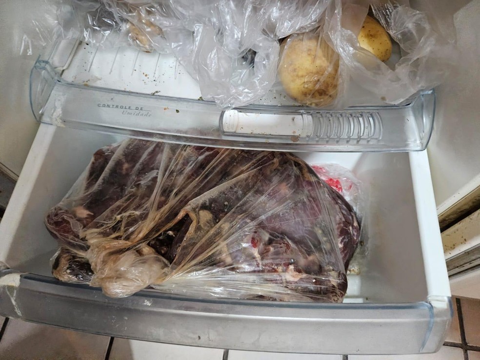 Fiscalização encontrou várias carnes guardadas na parte de baixo da geladeira, o que não é indicado — Foto: Visa