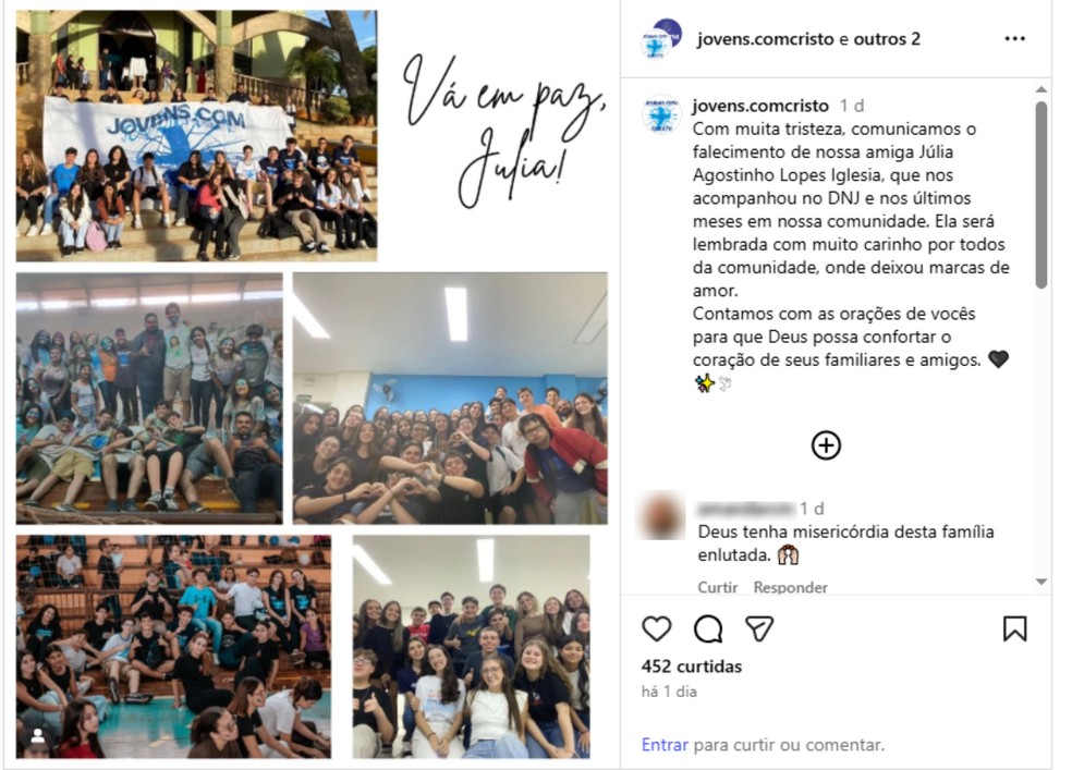 Catedral de Botucatu lamentou morte de Júlia Agostinho — Foto: Reprodução