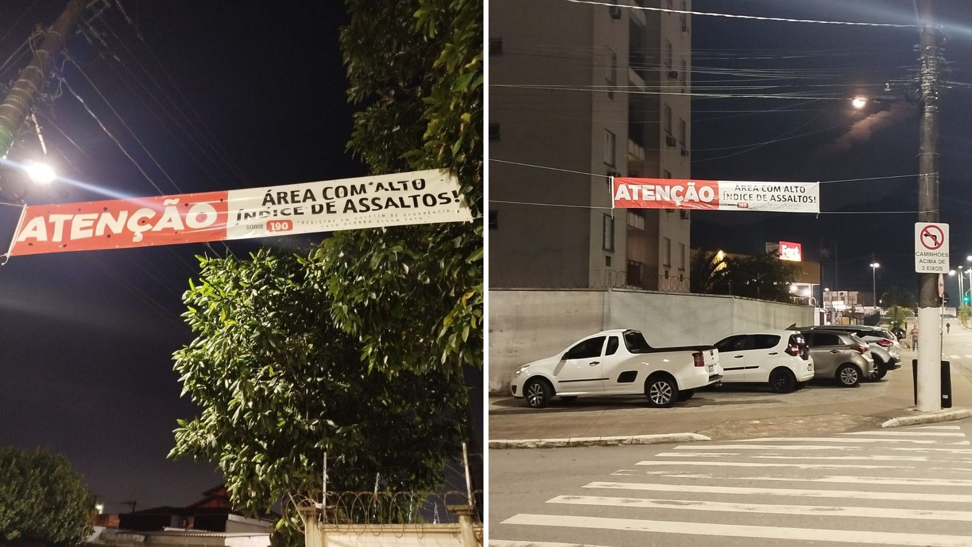 Moradores colocam faixas e fazem alerta sobre área com alto índice de assaltos em Santos, SP