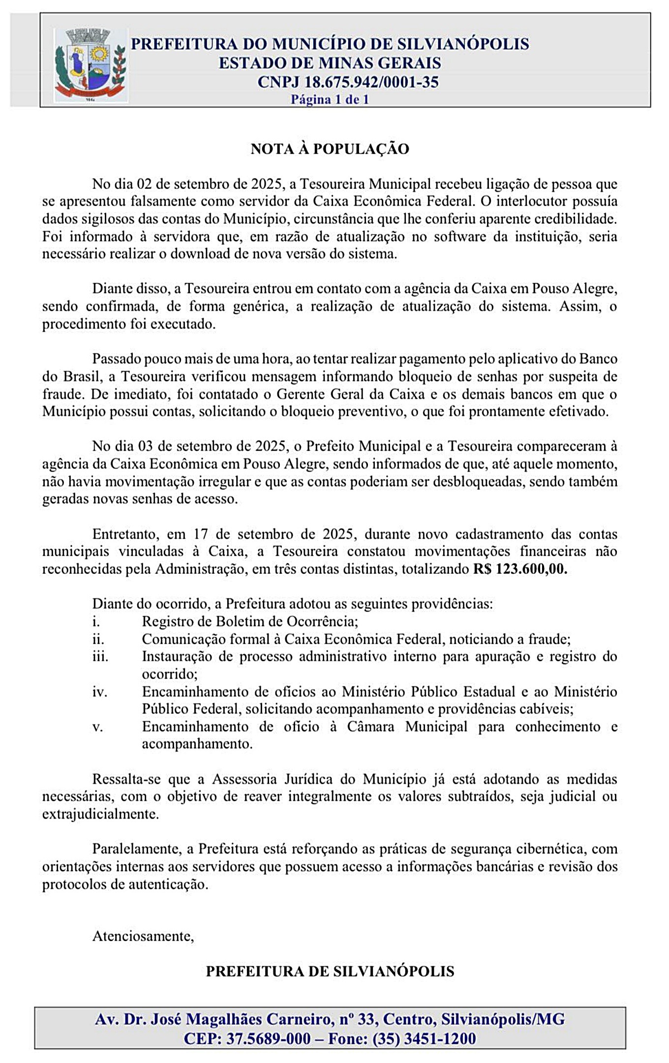 Prefeitura de Silvianópolis tem R$ 123 mil desviados após possível invasão hacker 